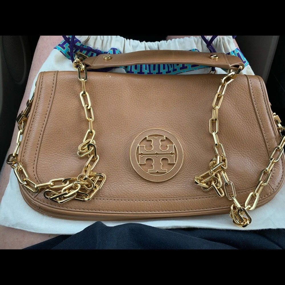 Tory Burch Tan Leather Clutch with Logo Medallion